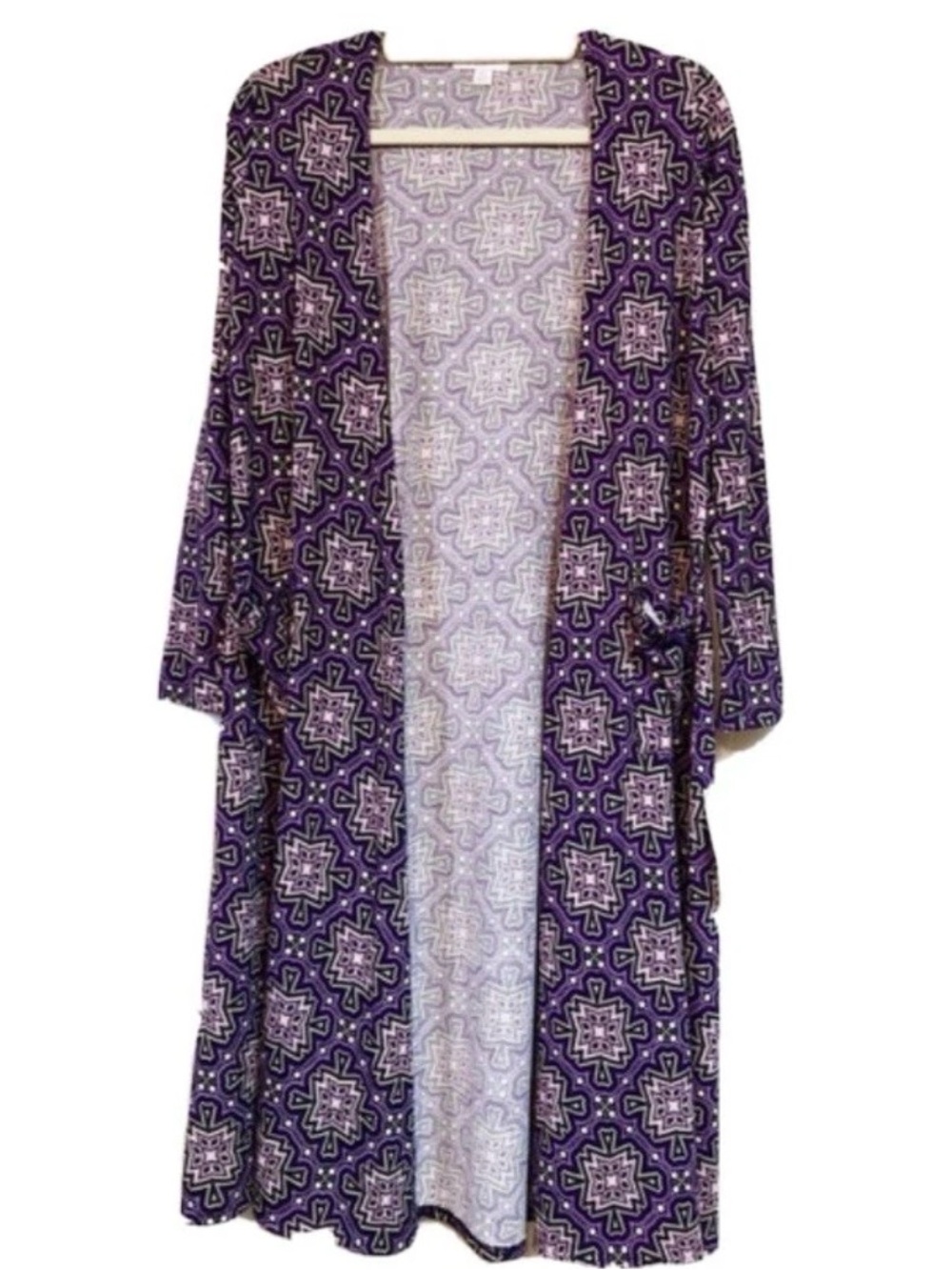 LuLaRoe Sarah Purple Geometric Medallion Open Duster Cardigan XS NWT